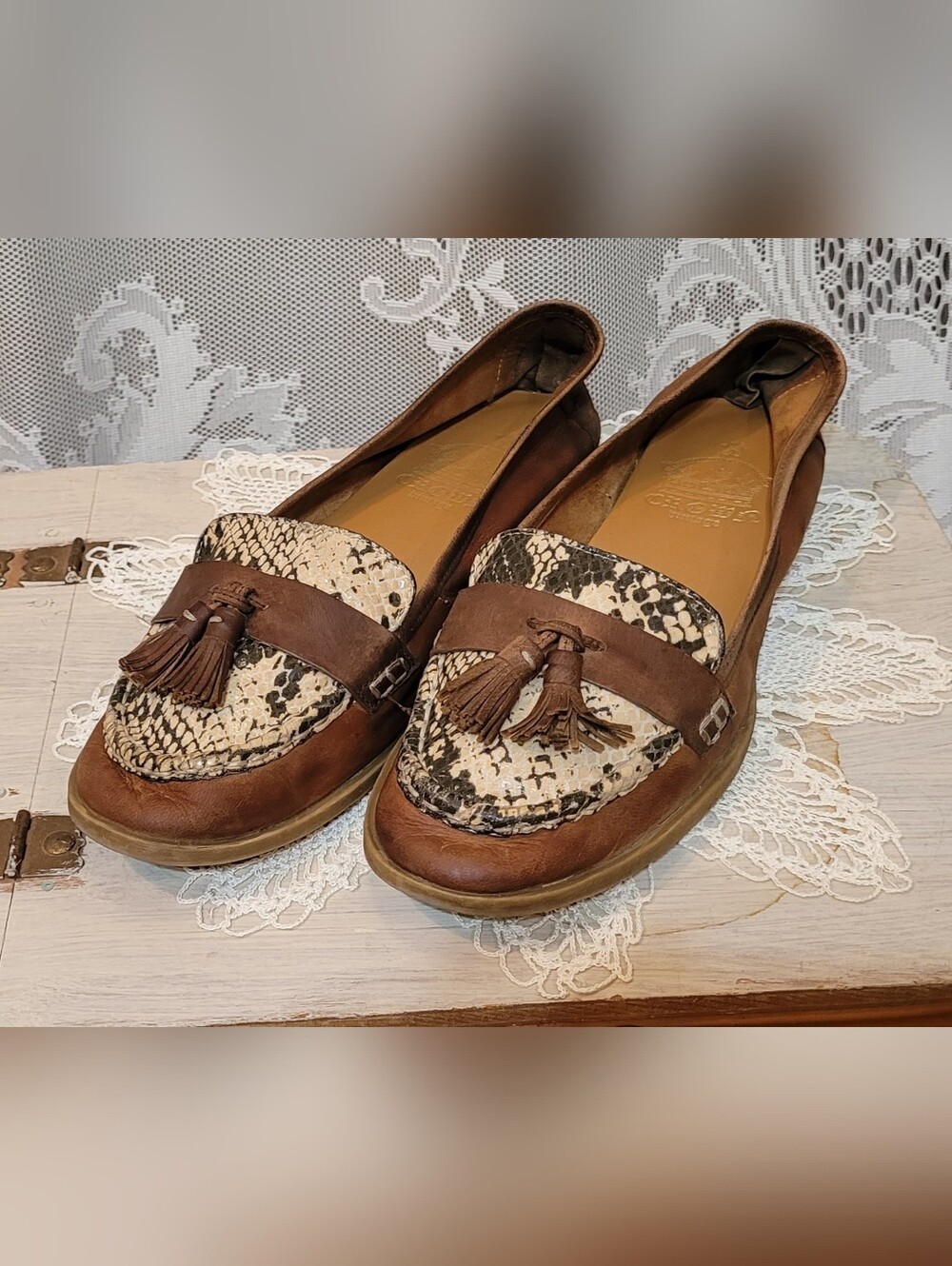 Crown Vintage Brown Snake-Print Tassel Loafers for Women Size 10